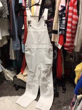 American Eagle Outfitters White Distressed Denim Overalls